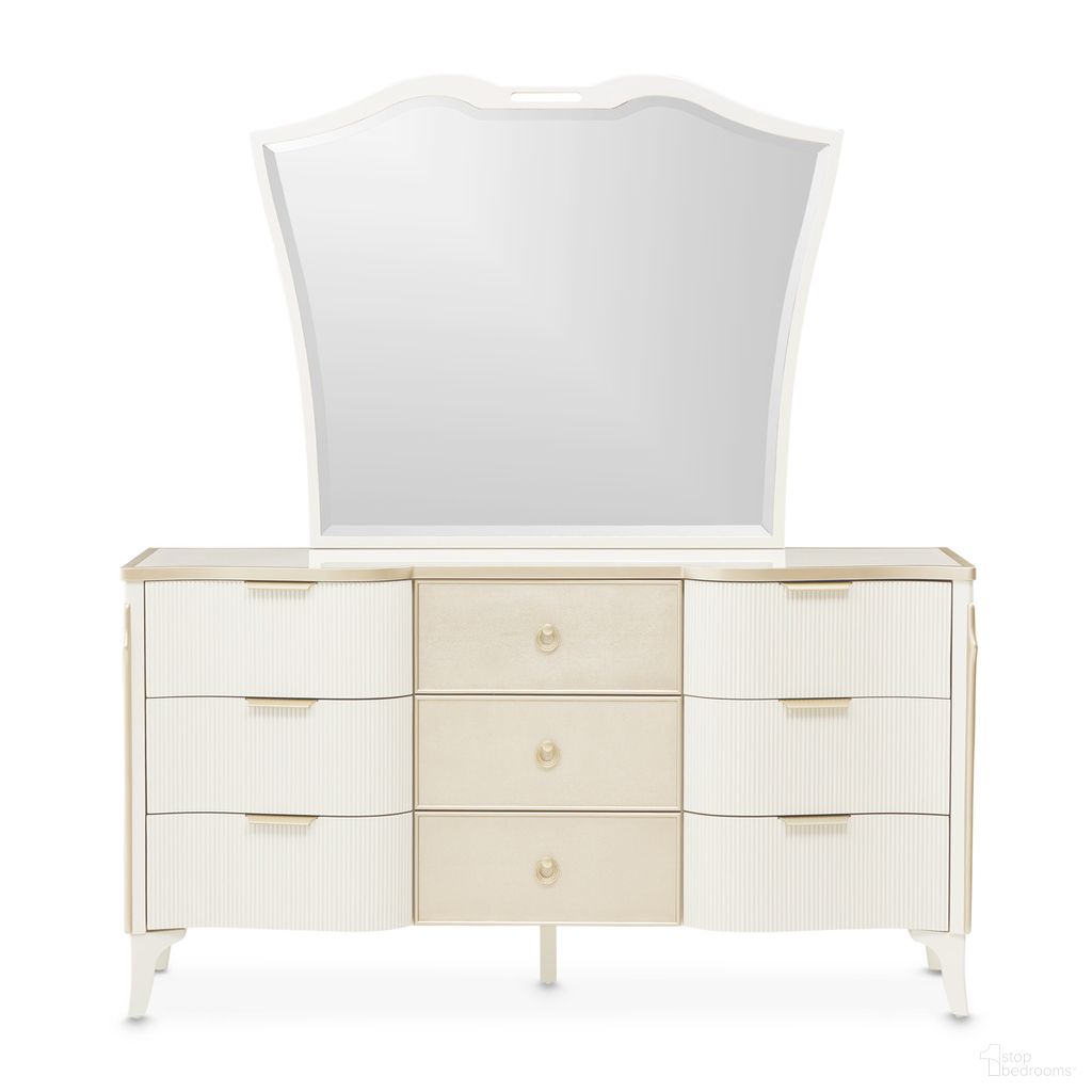 The appearance of La Marisia Dresser with Mirror In Creamy Pearl designed by Michael Amini in the modern / contemporary interior design. This creamy pearl piece of furniture was selected by 1StopBedrooms from La Marisia Collection to add a touch of cosiness and style into your home. Sku: 9089050SA-112;9089060-112. Material: Poplar.