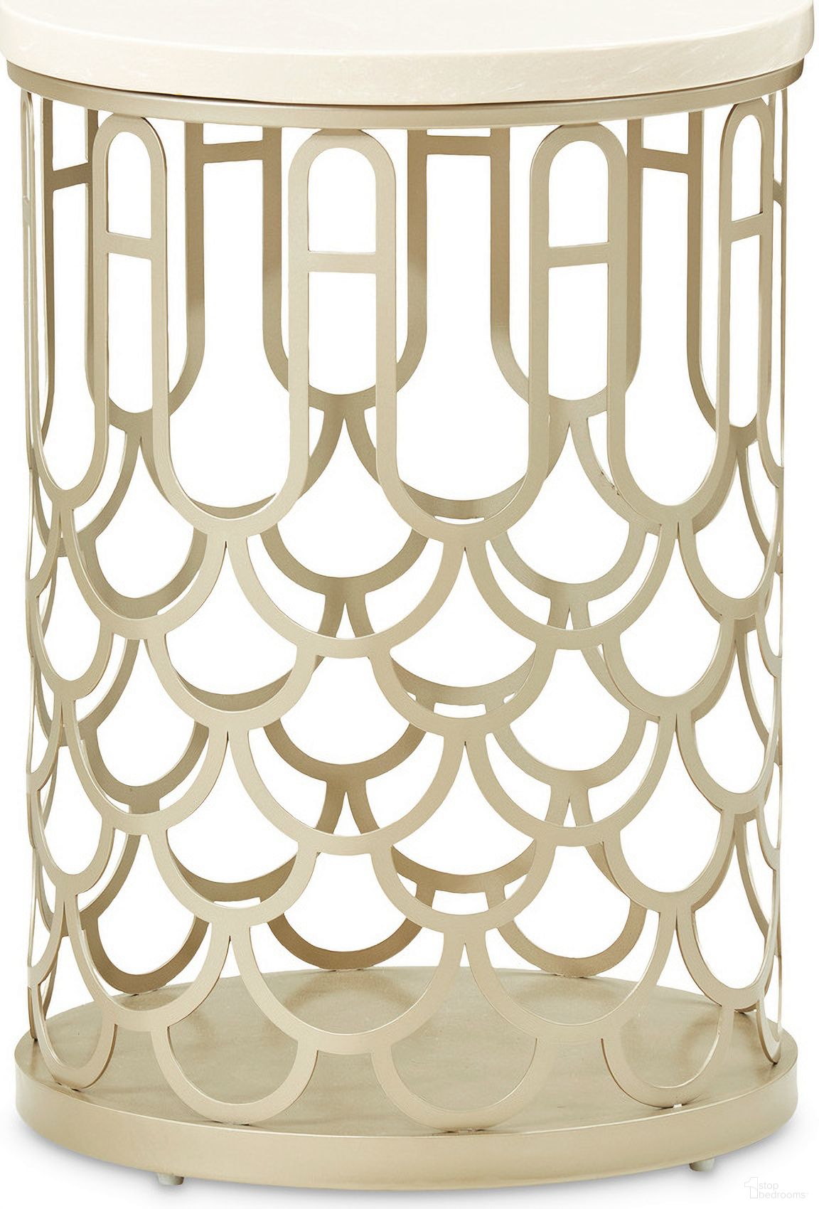The appearance of La Marisia Marble Chairside Table In Creamy Pearl designed by Michael Amini in the modern / contemporary interior design. This creamy pearl piece of furniture  was selected by 1StopBedrooms from La Marisia Collection to add a touch of cosiness and style into your home. Sku: 9089225-112. Material: Metal.