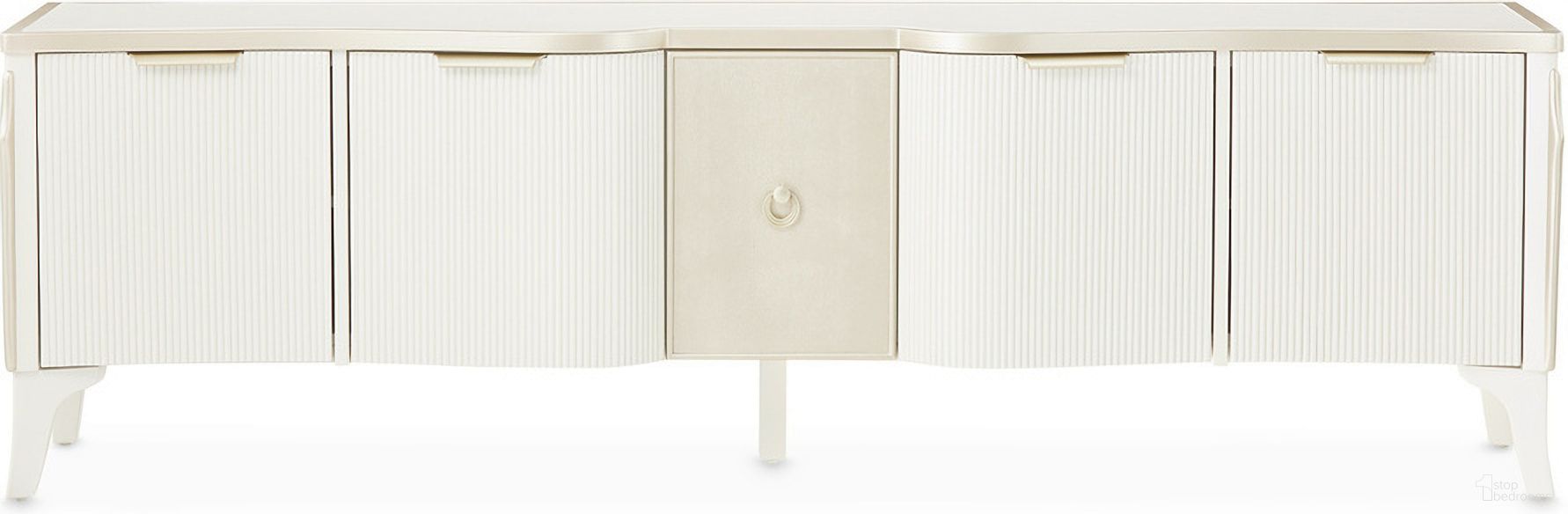 The appearance of La Marisia Media Cabinet In Creamy Pearl designed by Michael Amini in the modern / contemporary interior design. This creamy pearl piece of furniture was selected by 1StopBedrooms from La Marisia Collection to add a touch of cosiness and style into your home. Sku: 9089081-112. Material: Poplar.