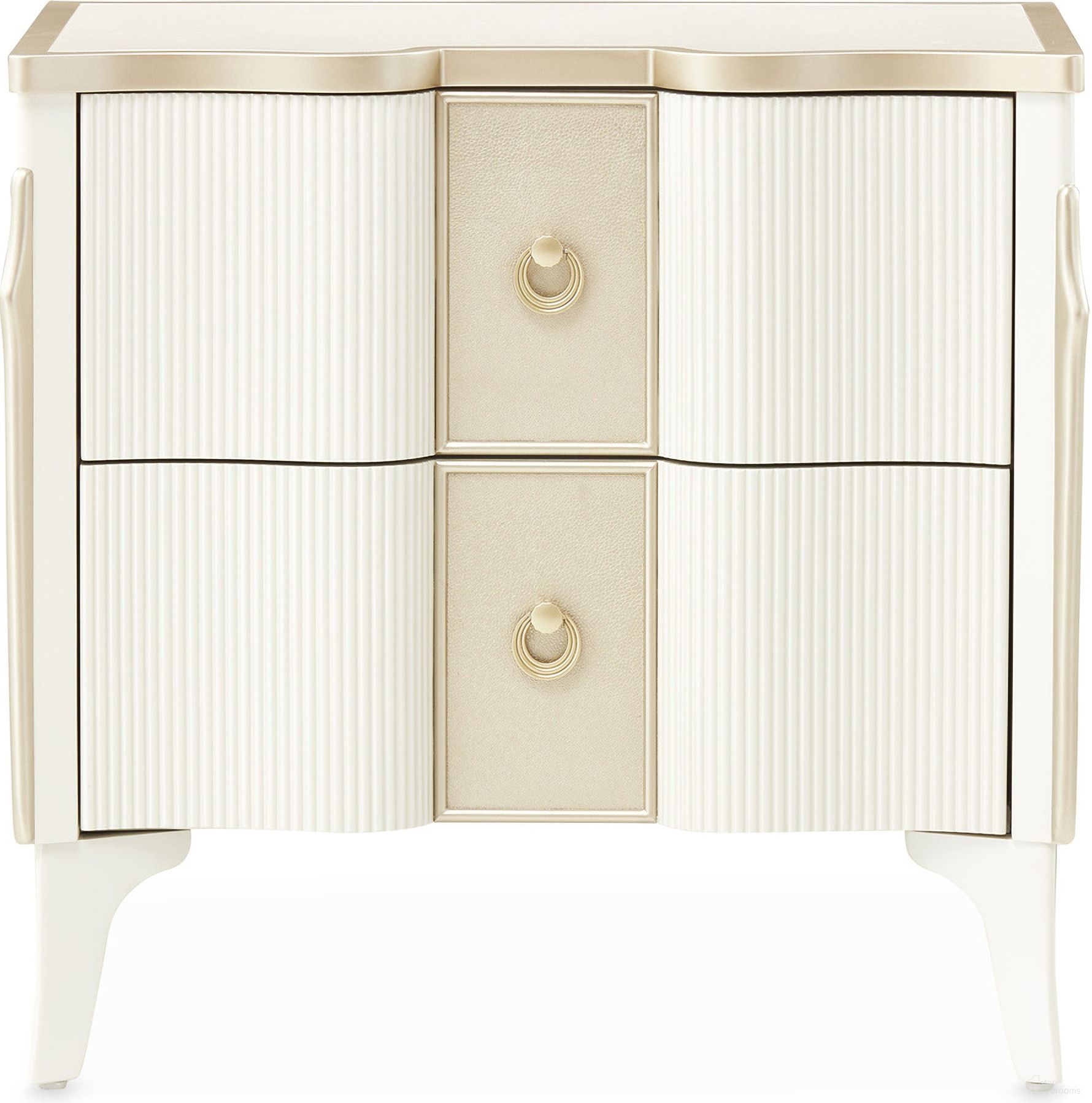 The appearance of La Marisia Nightstand In Creamy Pearl designed by Michael Amini in the modern / contemporary interior design. This creamy pearl piece of furniture was selected by 1StopBedrooms from La Marisia Collection to add a touch of cosiness and style into your home. Sku: 9089040-112. Material: Poplar.