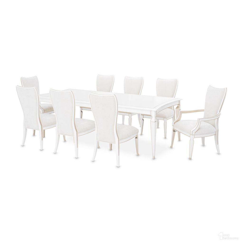 The appearance of La Marisia Rectangular Dining Room Set In Creamy Pearl designed by Michael Amini in the modern / contemporary interior design. This creamy pearl piece of furniture was selected by 1StopBedrooms from La Marisia Collection to add a touch of cosiness and style into your home. Sku: 9089000-112;9089003-112. Table Base Style: Legs. Table Top Shape: Rectangular. Material: Chenille. Size: 45" x 76".