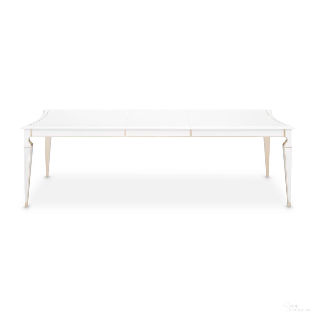 The appearance of La Marisia Rectangular Dining Table In Creamy Pearl designed by Michael Amini in the modern / contemporary interior design. This creamy pearl piece of furniture was selected by 1StopBedrooms from La Marisia Collection to add a touch of cosiness and style into your home. Sku: 9089000-112. Table Base Style: Legs. Table Top Shape: Rectangular. Material: Poplar. Size: 45" x 76".
