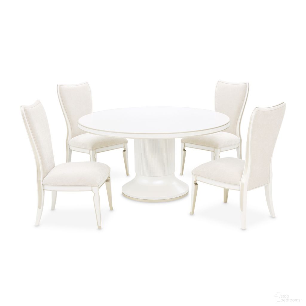 The appearance of La Marisia Round Dining Room Set In Creamy Pearl designed by Michael Amini in the modern / contemporary interior design. This creamy pearl piece of furniture  was selected by 1StopBedrooms from La Marisia Collection to add a touch of cosiness and style into your home. Sku: 9089001T-112;9089001B-112;9089003-112. Table Base Style: Pedestal. Table Top Shape: Round. Material: Poplar. Size: 60".