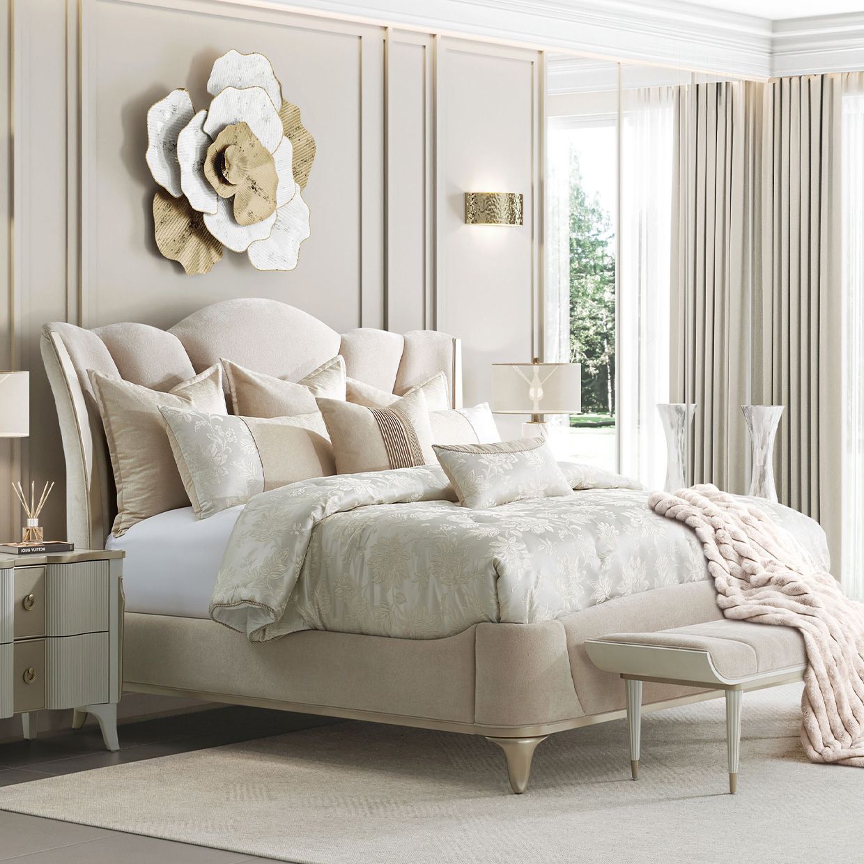The appearance of La Marisia Upholstered Bedroom Set In Creamy Pearl designed by Michael Amini in the modern / contemporary interior design. This creamy pearl piece of furniture  was selected by 1StopBedrooms from La Marisia Collection to add a touch of cosiness and style into your home. Sku: 9089012-112;9089132-112;9000238-00;9089040-112. Bed Size: King. Material: Chenille.