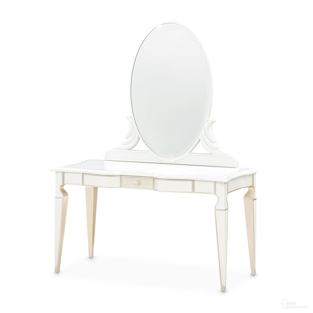 The appearance of La Marisia Vanity with Mirror In Creamy Pearl designed by Michael Amini in the modern / contemporary interior design. This creamy pearl piece of furniture was selected by 1StopBedrooms from La Marisia Collection to add a touch of cosiness and style into your home. Sku: 9089058-112;9089068-112. Material: Poplar.