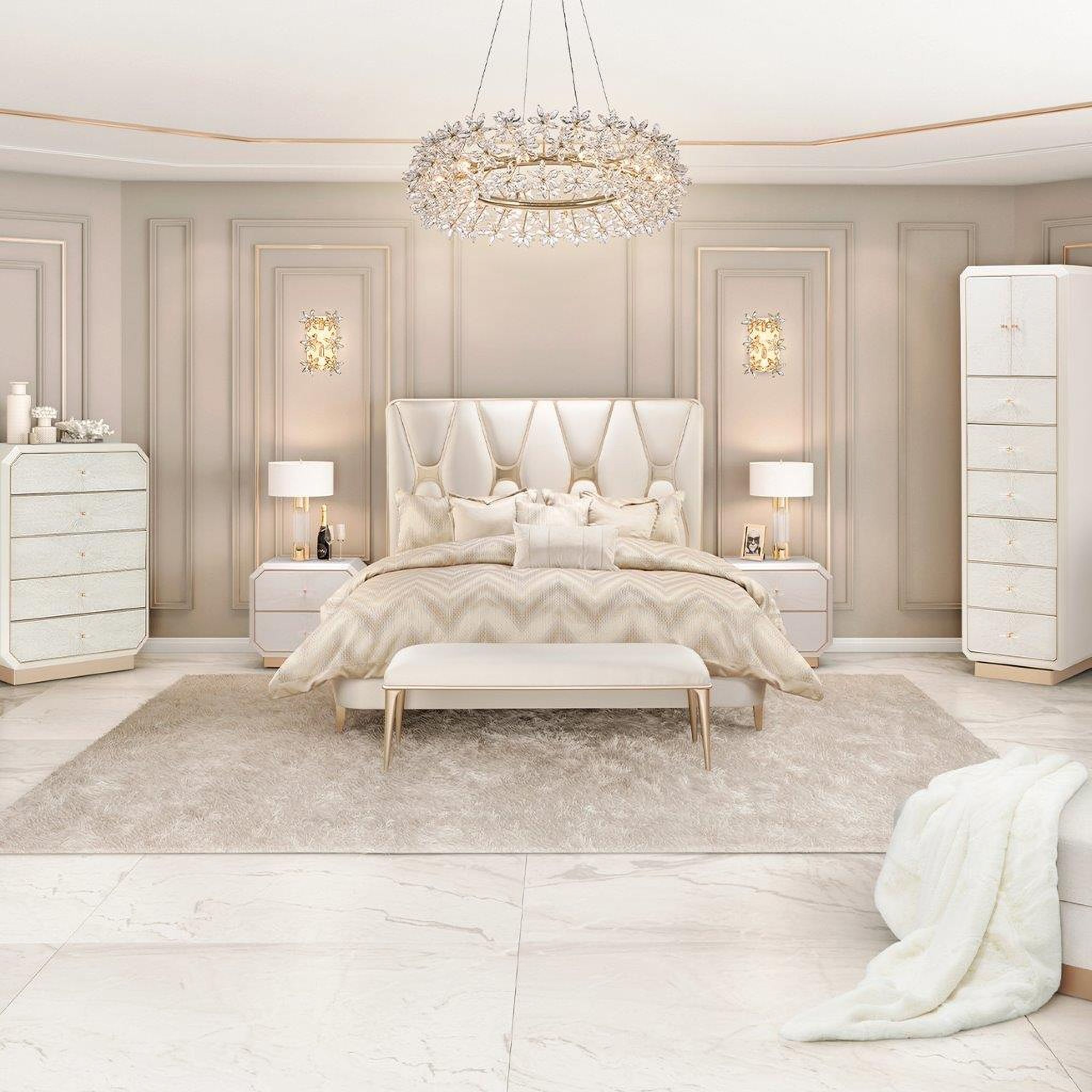 The appearance of La Rachelle Champagne Bedroom Set designed by Michael Amini in the modern / contemporary interior design. This champagne piece of furniture  was selected by 1StopBedrooms from La Rachelle Collection to add a touch of cosiness and style into your home. Sku: 9034012-136;9034040-136;9034132-136;9000238-00. Bed Type: Panel Bed. Material: Wood. Bed Size: Queen.