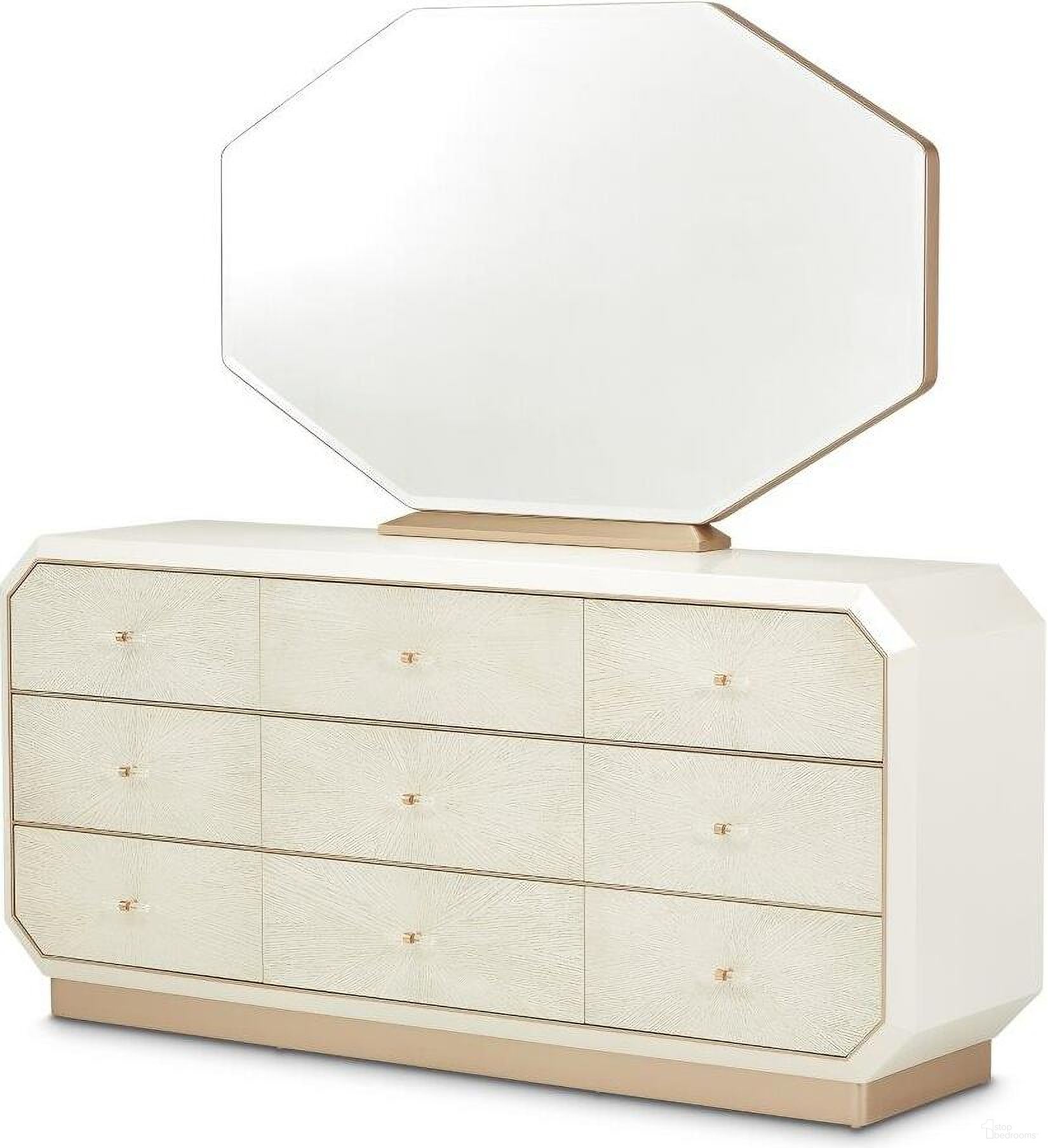 The appearance of La Rachelle Dresser with Mirror In Champagne designed by Michael Amini in the modern / contemporary interior design. This champagne piece of furniture was selected by 1StopBedrooms from La Rachelle Collection to add a touch of cosiness and style into your home. Sku: 9034050SA-136;9034260-136. Material: Wood.