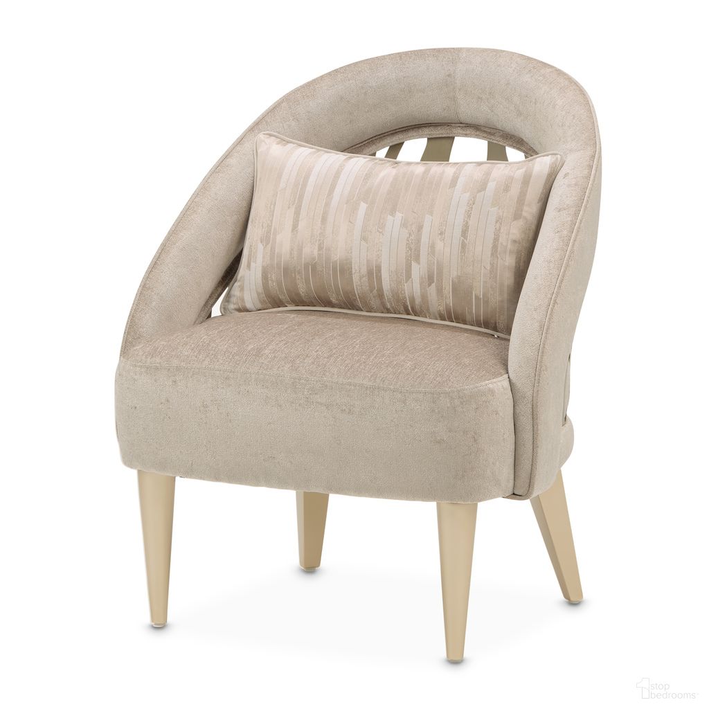 The appearance of La Rachelle Flame Accent Chair In Lustre and Champagne designed by Michael Amini in the modern / contemporary interior design. This lustre/champagne piece of furniture was selected by 1StopBedrooms from La Rachelle Collection to add a touch of cosiness and style into your home. Sku: 9034834-LUSTR-136. Material: Chenille.