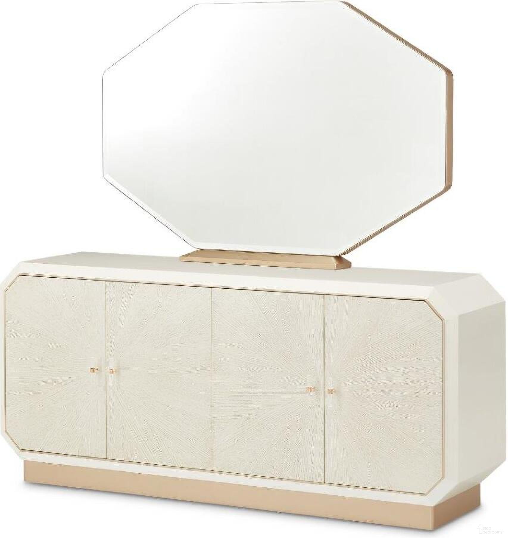 The appearance of La Rachelle Sideboard And Mirror In Champagne designed by Michael Amini in the modern / contemporary interior design. This champagne piece of furniture  was selected by 1StopBedrooms from La Rachelle Collection to add a touch of cosiness and style into your home. Sku: 9034007SA-136;9034260-136. Material: Wood.