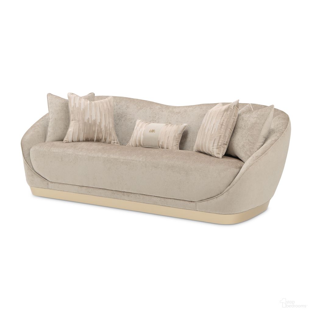 The appearance of La Rachelle Sofa In Lustre and Champagne designed by Michael Amini in the modern / contemporary interior design. This lustre/champagne piece of furniture was selected by 1StopBedrooms from La Rachelle Collection to add a touch of cosiness and style into your home. Sku: 9034815-LUSTR-136. Material: Chenille.