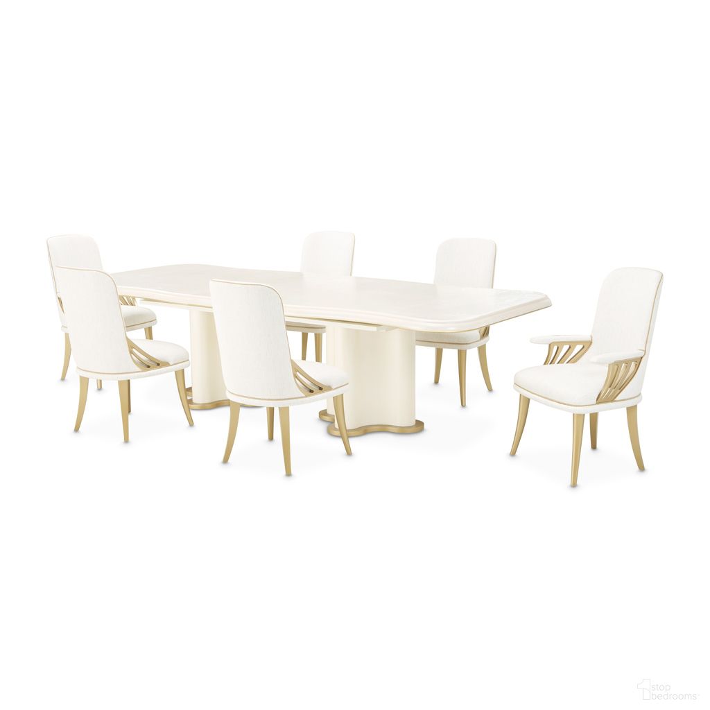 The appearance of La Terrazza Double Pedestal Dining Room Set In Creamy Pearl designed by Michael Amini in the transitional interior design. This creamy pearl piece of furniture was selected by 1StopBedrooms from La Terrazza Collection to add a touch of cosiness and style into your home. Sku: 9092002T-112;9092002B-112;9092003A-112. Table Top Shape: Rectangular. Material: Solid Wood. Size: 48" x 93".