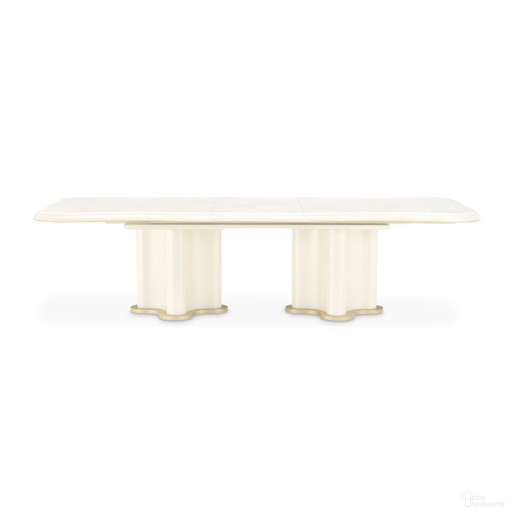 The appearance of La Terrazza Double Pedestal Dining Table In Creamy Pearl designed by Michael Amini in the transitional interior design. This creamy pearl piece of furniture  was selected by 1StopBedrooms from La Terrazza Collection to add a touch of cosiness and style into your home. Sku: 9092002T-112;9092002B-112. Table Base Style: Double Pedestal. Table Top Shape: Rectangular. Material: Solid Wood. Size: 48" x 93".