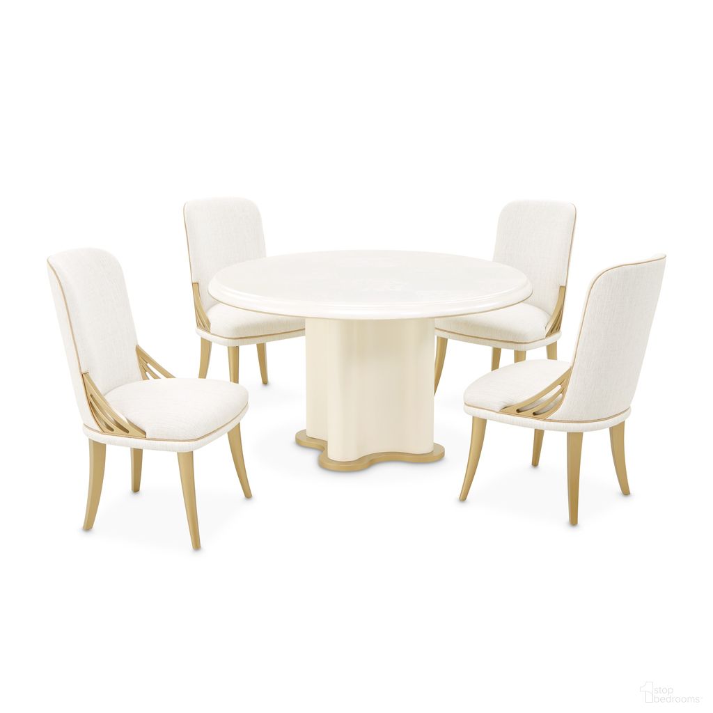 The appearance of La Terrazza Round Dining Room Set In Creamy Pearl designed by Michael Amini in the transitional interior design. This creamy pearl piece of furniture  was selected by 1StopBedrooms from La Terrazza Collection to add a touch of cosiness and style into your home. Sku: 9092301T-112;9092301B-112;9092003A-112. Table Top Shape: Round. Size: 54". Material: Solid Wood.