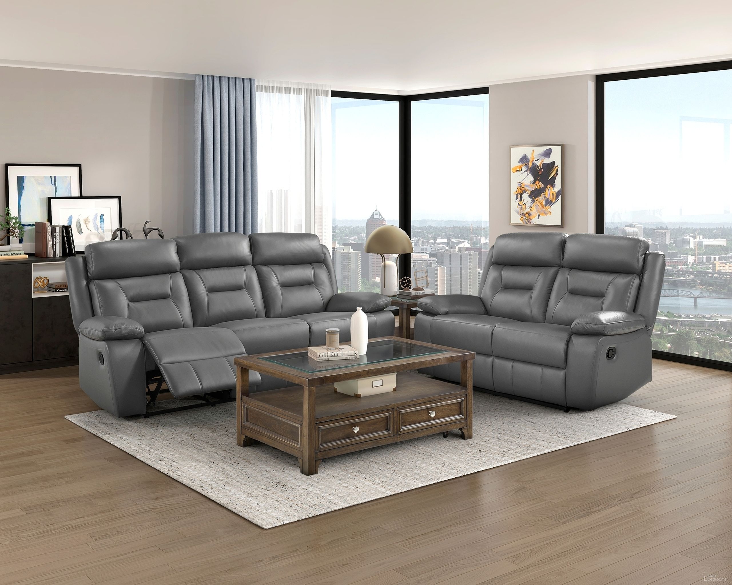 The appearance of Laconia Double Reclining Living Room Set In Dark Gray designed by Homelegance in the modern / contemporary interior design. This dark gray piece of furniture was selected by 1StopBedrooms from Laconia Collection to add a touch of cosiness and style into your home. Sku: 9629DGY-3;9629DGY-2. Material: Leather.