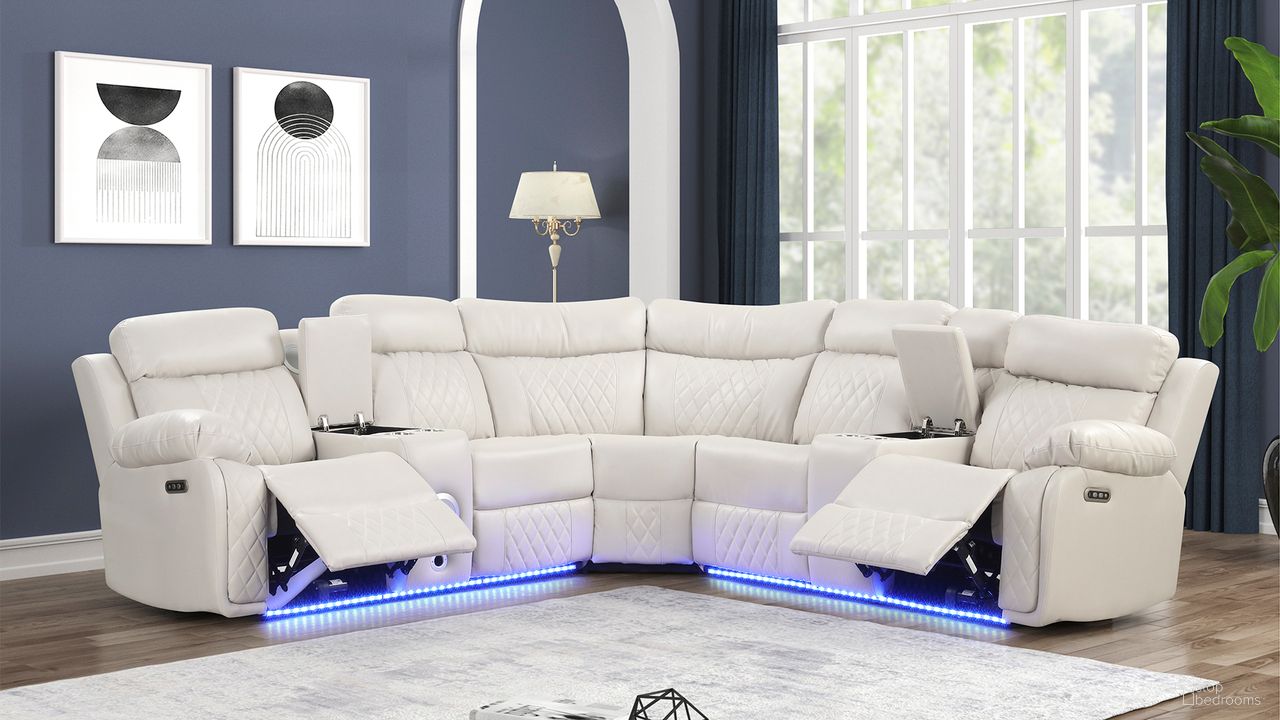 The appearance of Lacrosse Power Reclining Sectional In Ice and Black designed by Galaxy Home Furnishings in the modern / contemporary interior design. This ice/black piece of furniture was selected by 1StopBedrooms from Lacrosse Collection to add a touch of cosiness and style into your home. Sku: 601955555784-1;601955555784-2;601955555784-3. Material: Leather.
