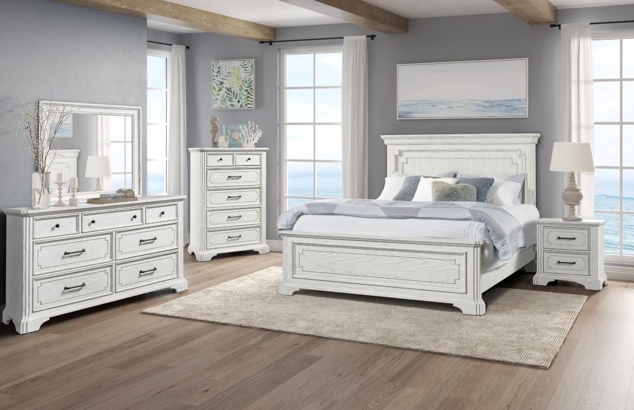 The appearance of Lafayette II Panel Bedroom Set in White Mist designed by FD Home in the traditional interior design. This white mist piece of furniture was selected by 1StopBedrooms from Lafayette II Collection to add a touch of cosiness and style into your home. Sku: 7653-13;7653-14;7653-08;7653-02. Bed Size: King. Material: Oak Veneer.