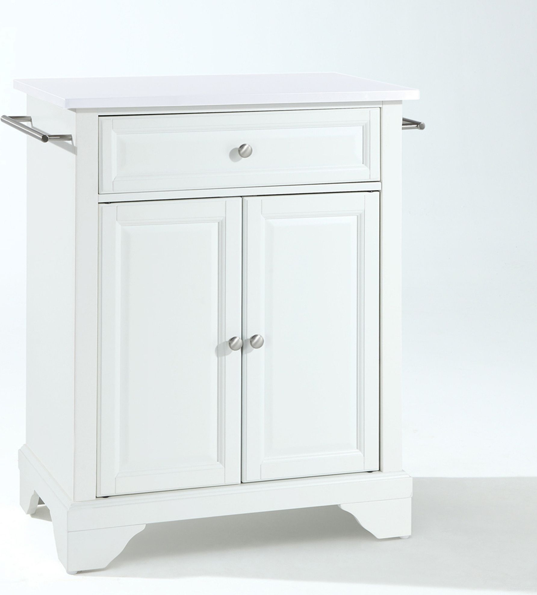 The appearance of Lafayette Stone Top Portable Kitchen Island/Cart In White designed by Crosley Brands in the traditional interior design. This white piece of furniture  was selected by 1StopBedrooms from Lafayette Collection to add a touch of cosiness and style into your home. Sku: CF3002-WH;CF0401-WH;CF0102-WH. Material: Solid Granite.
