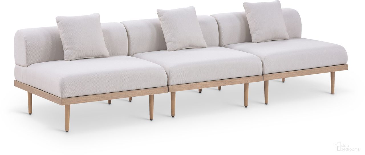 The appearance of Laguna 106.5 Inch Fabric Upholstered 3 Piece Outdoor Patio Modular Sofa In Beige and Natural designed by Meridian in the modern / contemporary interior design. This beige/natural piece of furniture  was selected by 1StopBedrooms from Laguna Collection to add a touch of cosiness and style into your home. Sku: 55036Beige-Armless;55036Beige-Armless;55036Beige-Armless. Material: Olefin.