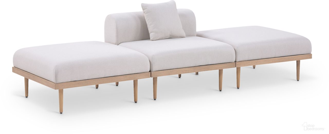 The appearance of Laguna 106.5 Inch Fabric Upholstered 3 Piece Outdoor Patio Modular Sofa In Beige and Natural designed by Meridian in the modern / contemporary interior design. This beige/natural piece of furniture  was selected by 1StopBedrooms from Laguna Collection to add a touch of cosiness and style into your home. Sku: 55036Beige-Armless;55036Beige-Ott;55036Beige-Ott. Material: Olefin.