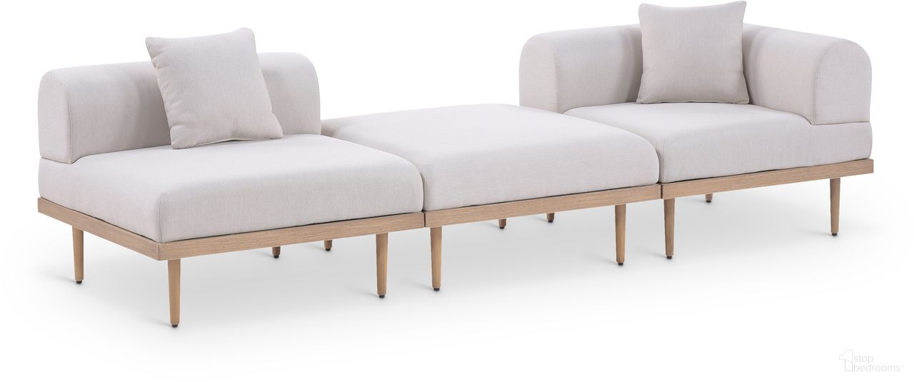 The appearance of Laguna 106.5 Inch Fabric Upholstered 3 Piece Outdoor Patio Modular Sofa In Beige and Natural designed by Meridian in the modern / contemporary interior design. This beige/natural piece of furniture  was selected by 1StopBedrooms from Laguna Collection to add a touch of cosiness and style into your home. Sku: 55036Beige-Armless;55036Beige-Corner;55036Beige-Ott. Material: Olefin.