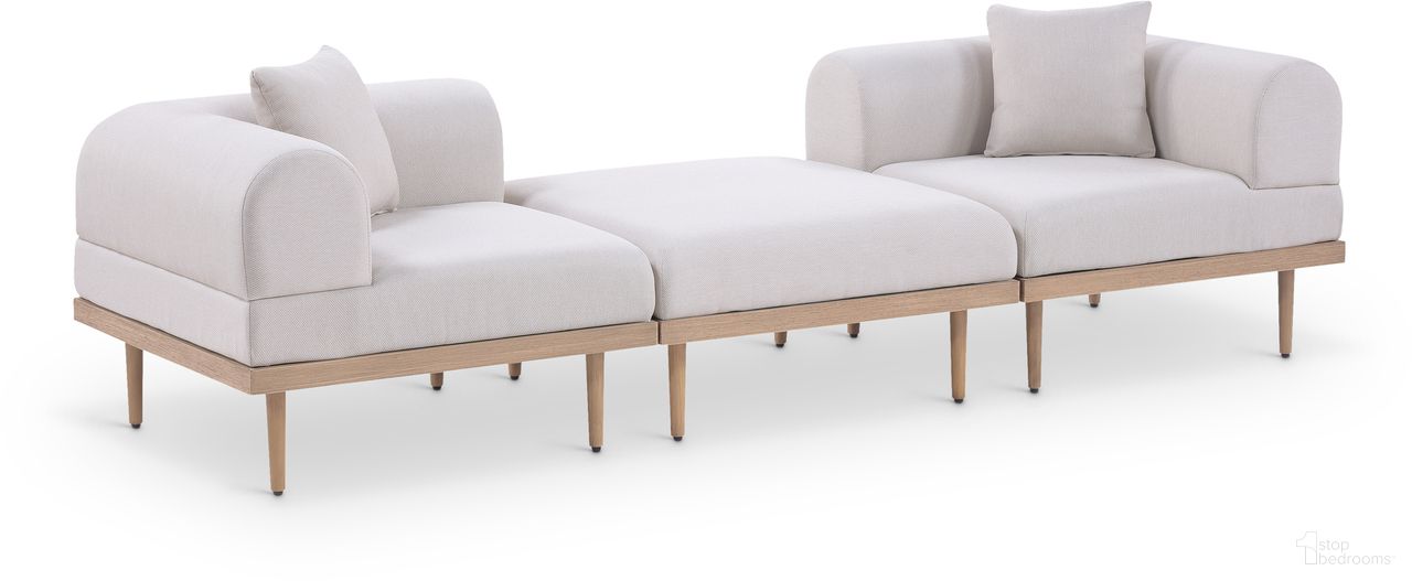 The appearance of Laguna 106.5 Inch Fabric Upholstered 3 Piece Outdoor Patio Modular Sofa In Beige and Natural designed by Meridian in the modern / contemporary interior design. This beige/natural piece of furniture  was selected by 1StopBedrooms from Laguna Collection to add a touch of cosiness and style into your home. Sku: 55036Beige-Corner;55036Beige-Corner;55036Beige-Ott. Material: Olefin.