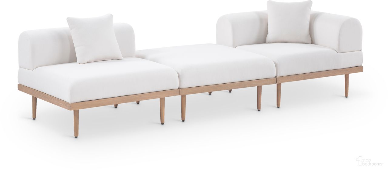 The appearance of Laguna 106.5 Inch Fabric Upholstered 3 Piece Outdoor Patio Modular Sofa In Cream and Natural designed by Meridian in the modern / contemporary interior design. This natural/cream piece of furniture  was selected by 1StopBedrooms from Laguna Collection to add a touch of cosiness and style into your home. Sku: 55036Cream-Armless;55036Cream-Corner;55036Cream-Ott. Material: Olefin.