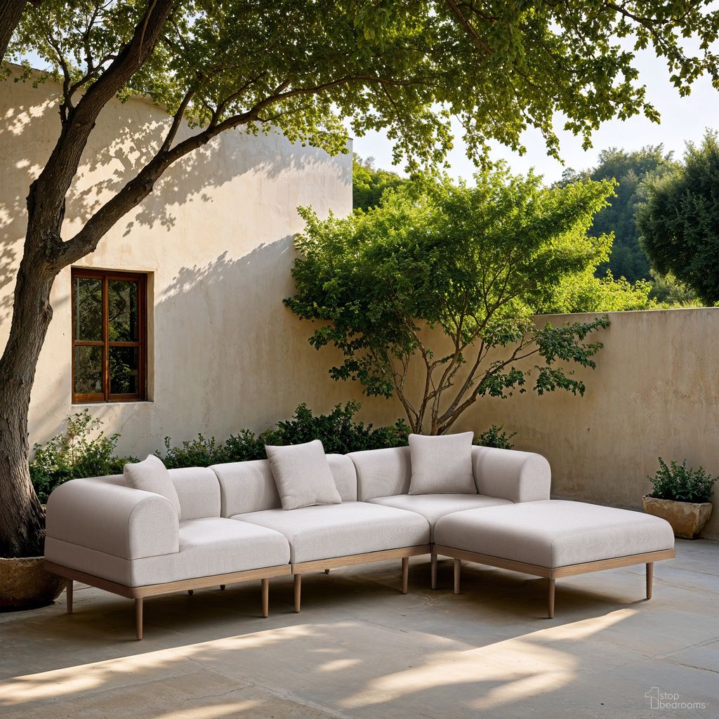 The appearance of Laguna 106.5 Inch Fabric Upholstered 4 Piece Outdoor Patio Modular Sectional In Beige and Natural designed by Meridian in the modern / contemporary interior design. This beige/natural piece of furniture was selected by 1StopBedrooms from Laguna Collection to add a touch of cosiness and style into your home. Sku: 55036Beige-Armless;55036Beige-Corner;55036Beige-Corner;55036Beige-Ott. Material: Olefin.