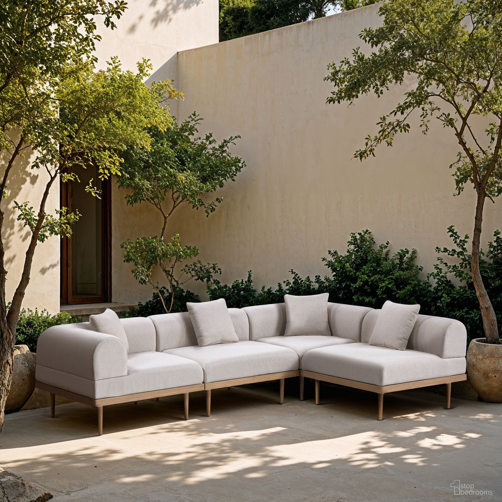 The appearance of Laguna 106.5 Inch Fabric Upholstered 4 Piece Outdoor Patio Modular Sectional In Beige and Natural designed by Meridian in the modern / contemporary interior design. This beige/natural piece of furniture  was selected by 1StopBedrooms from Laguna Collection to add a touch of cosiness and style into your home. Sku: 55036Beige-Armless;55036Beige-Armless;55036Beige-Corner;55036Beige-Corner. Material: Olefin.