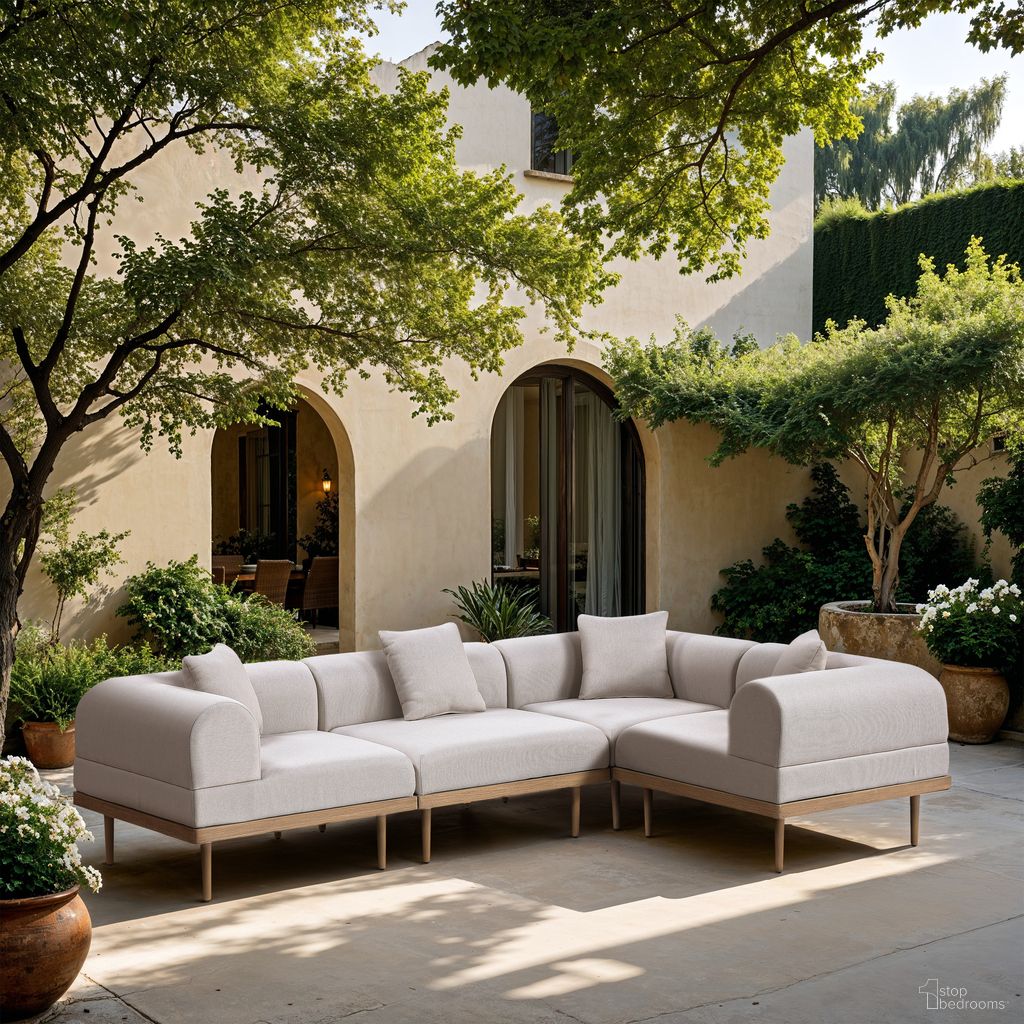 The appearance of Laguna 106.5 Inch Fabric Upholstered 4 Piece Outdoor Patio Modular Sectional In Beige and Natural designed by Meridian in the modern / contemporary interior design. This beige/natural piece of furniture  was selected by 1StopBedrooms from Laguna Collection to add a touch of cosiness and style into your home. Sku: 55036Beige-Armless;55036Beige-Corner;55036Beige-Corner;55036Beige-Corner. Material: Olefin.