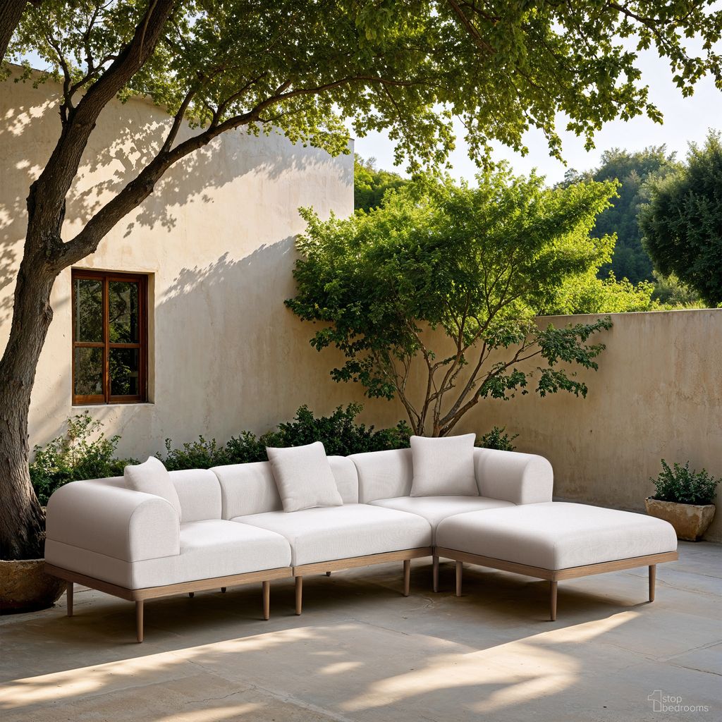 The appearance of Laguna 106.5 Inch Fabric Upholstered 4 Piece Outdoor Patio Modular Sectional In Cream and Natural designed by Meridian in the modern / contemporary interior design. This natural/cream piece of furniture  was selected by 1StopBedrooms from Laguna Collection to add a touch of cosiness and style into your home. Sku: 55036Cream-Armless;55036Cream-Corner;55036Cream-Corner;55036Cream-Ott. Material: Olefin.