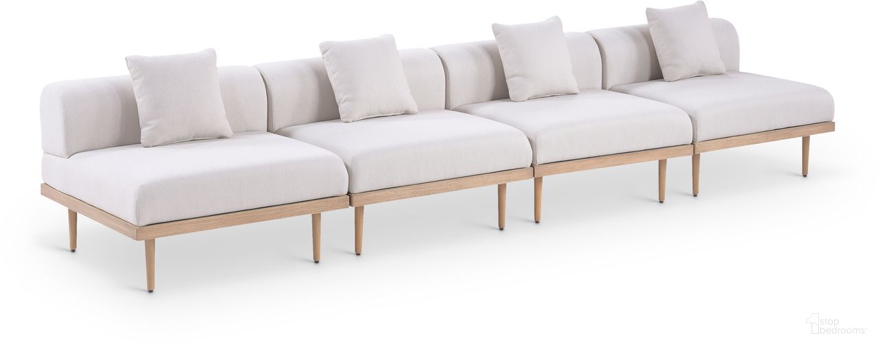 The appearance of Laguna 142 Inch Fabric Upholstered 4 Piece Outdoor Patio Modular Sofa In Beige and Natural designed by Meridian in the modern / contemporary interior design. This beige/natural piece of furniture  was selected by 1StopBedrooms from Laguna Collection to add a touch of cosiness and style into your home. Sku: 55036Beige-Armless;55036Beige-Armless;55036Beige-Armless;55036Beige-Armless. Material: Olefin.