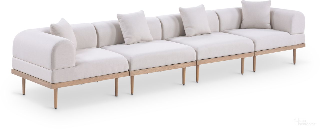 The appearance of Laguna 142 Inch Fabric Upholstered 4 Piece Outdoor Patio Modular Sofa In Beige and Natural designed by Meridian in the modern / contemporary interior design. This beige/natural piece of furniture  was selected by 1StopBedrooms from Laguna Collection to add a touch of cosiness and style into your home. Sku: 55036Beige-Armless;55036Beige-Armless;55036Beige-Corner;55036Beige-Corner. Material: Olefin.