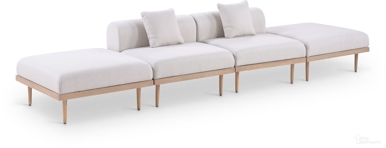 The appearance of Laguna 142 Inch Fabric Upholstered 4 Piece Outdoor Patio Modular Sofa In Beige and Natural designed by Meridian in the modern / contemporary interior design. This beige/natural piece of furniture  was selected by 1StopBedrooms from Laguna Collection to add a touch of cosiness and style into your home. Sku: 55036Beige-Armless;55036Beige-Armless;55036Beige-Ott;55036Beige-Ott. Material: Olefin.