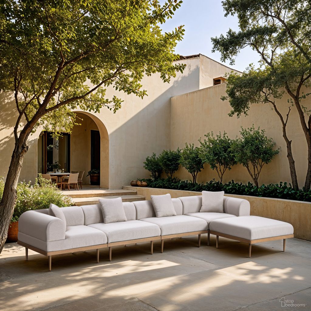 The appearance of Laguna 142 Inch Fabric Upholstered 5 Piece Outdoor Patio Modular Sectional In Beige and Natural designed by Meridian in the modern / contemporary interior design. This beige/natural piece of furniture  was selected by 1StopBedrooms from Laguna Collection to add a touch of cosiness and style into your home. Sku: 55036Beige-Armless;55036Beige-Armless;55036Beige-Corner;55036Beige-Corner;55036Beige-Ott. Material: Olefin.