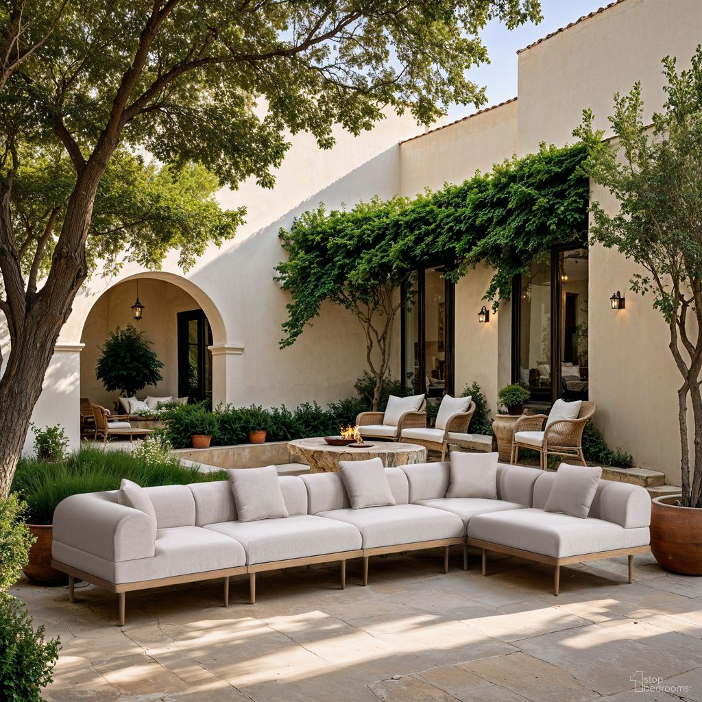 The appearance of Laguna 142 Inch Fabric Upholstered 5 Piece Outdoor Patio Modular Sectional In Beige and Natural designed by Meridian in the modern / contemporary interior design. This beige/natural piece of furniture  was selected by 1StopBedrooms from Laguna Collection to add a touch of cosiness and style into your home. Sku: 55036Beige-Armless;55036Beige-Armless;55036Beige-Armless;55036Beige-Corner;55036Beige-Corner. Material: Olefin.