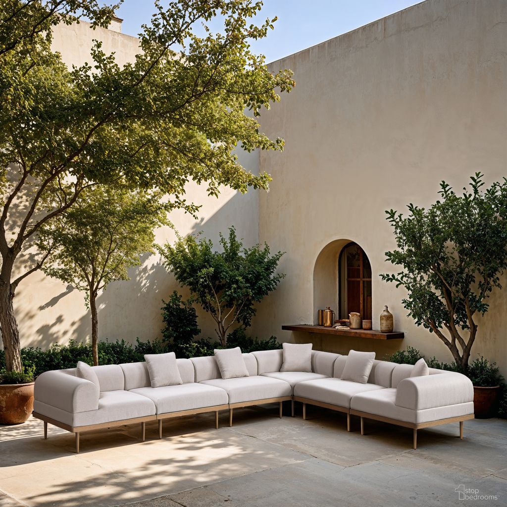 The appearance of Laguna 142 Inch Fabric Upholstered 6 Piece Outdoor Patio Modular Sectional In Beige and Natural designed by Meridian in the modern / contemporary interior design. This beige/natural piece of furniture  was selected by 1StopBedrooms from Laguna Collection to add a touch of cosiness and style into your home. Sku: 55036Beige-Armless;55036Beige-Armless;55036Beige-Armless;55036Beige-Corner;55036Beige-Corner;55036Beige-Corner. Material: Olefin.