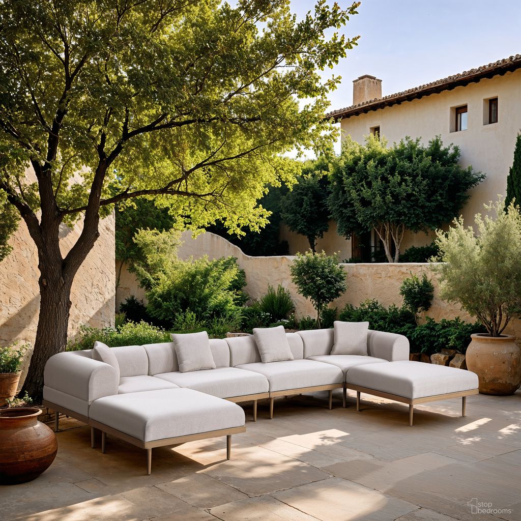 The appearance of Laguna 142 Inch Fabric Upholstered 6 Piece Outdoor Patio Modular Sectional In Beige and Natural designed by Meridian in the modern / contemporary interior design. This beige/natural piece of furniture  was selected by 1StopBedrooms from Laguna Collection to add a touch of cosiness and style into your home. Sku: 55036Beige-Armless;55036Beige-Armless;55036Beige-Corner;55036Beige-Corner;55036Beige-Ott;55036Beige-Ott. Material: Olefin.