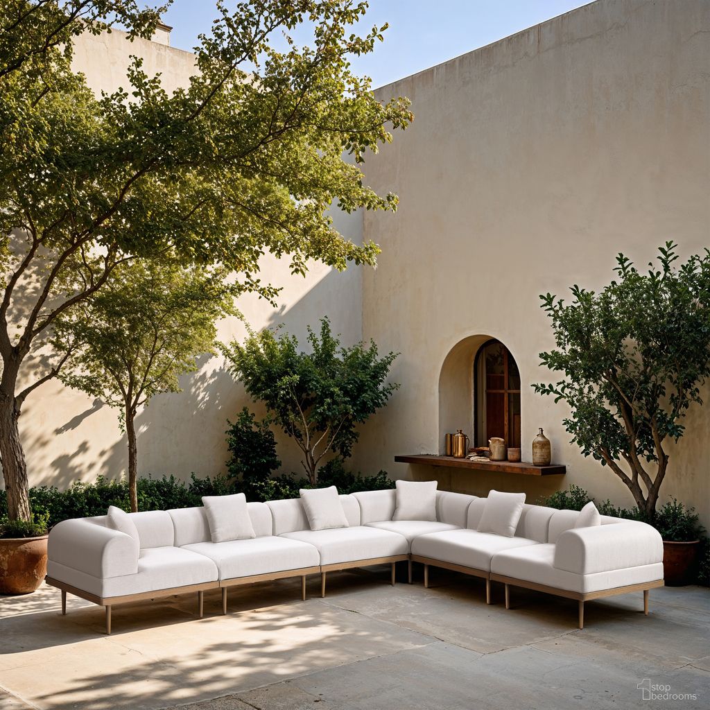 Laguna 142 Inch Fabric Upholstered 6 Piece Outdoor Patio Modular Sectional In Cream and Natural