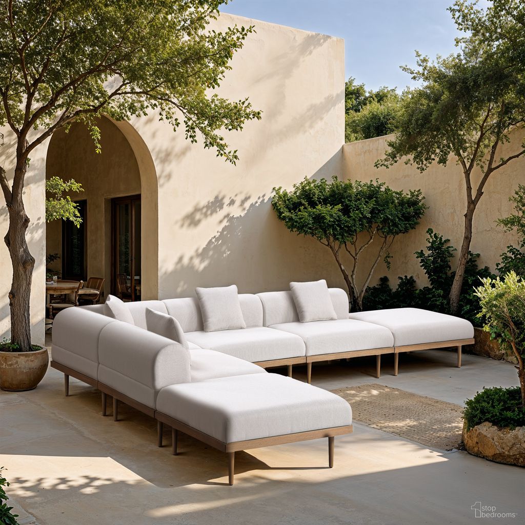 Laguna 142 Inch Fabric Upholstered 6 Piece Outdoor Patio Modular Sectional In Cream and Natural