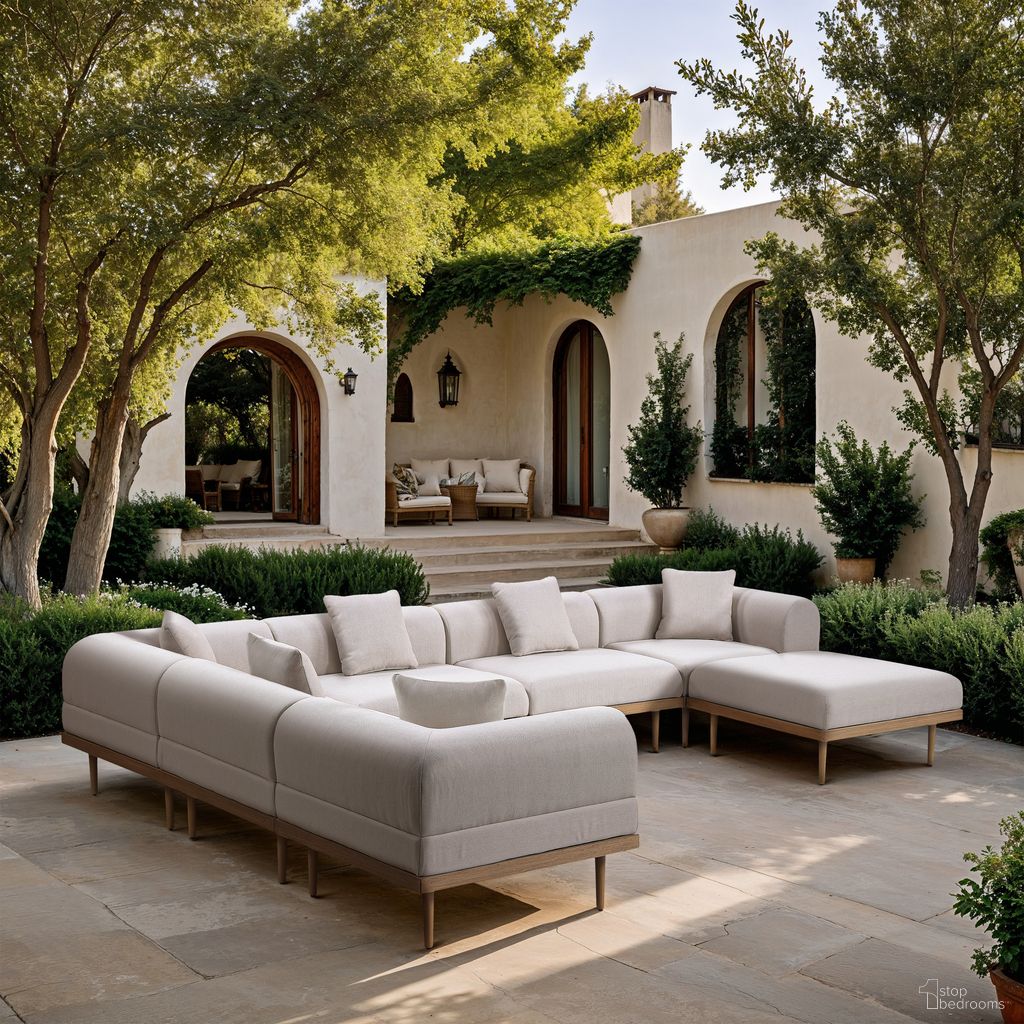 The appearance of Laguna 142 Inch Fabric Upholstered 7 Piece Outdoor Patio Modular Sectional In Beige and Natural designed by Meridian in the modern / contemporary interior design. This beige/natural piece of furniture  was selected by 1StopBedrooms from Laguna Collection to add a touch of cosiness and style into your home. Sku: 55036Beige-Armless;55036Beige-Armless;55036Beige-Armless;55036Beige-Corner;55036Beige-Corner;55036Beige-Corner;55036Beige-Ott. Material: Olefin.