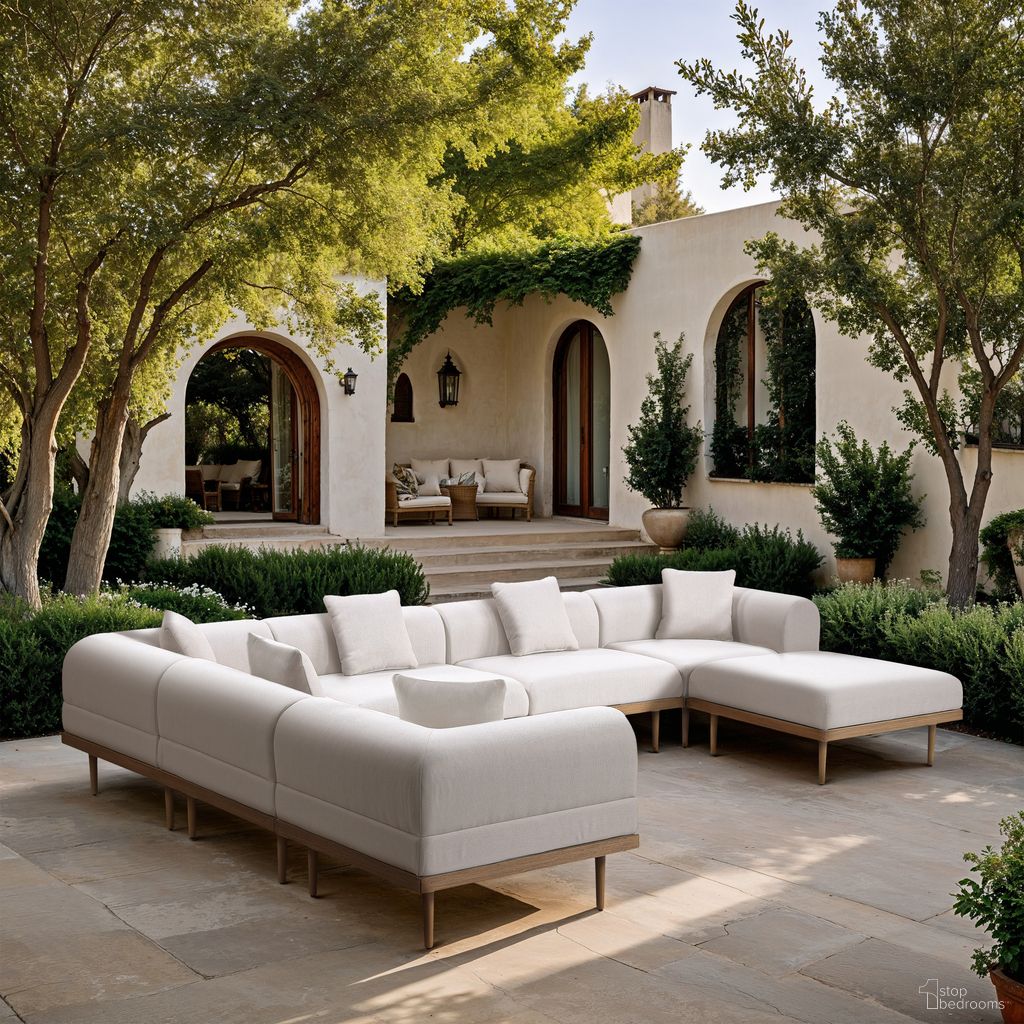 Laguna 142 Inch Fabric Upholstered 7 Piece Outdoor Patio Modular Sectional In Cream and Natural