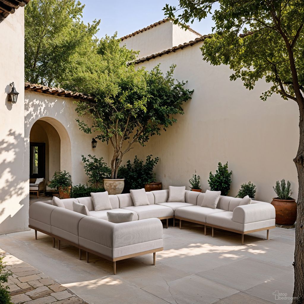 The appearance of Laguna 142 Inch Fabric Upholstered 8 Piece Outdoor Patio Modular Sectional In Beige and Natural designed by Meridian in the modern / contemporary interior design. This beige/natural piece of furniture  was selected by 1StopBedrooms from Laguna Collection to add a touch of cosiness and style into your home. Sku: 55036Beige-Armless;55036Beige-Armless;55036Beige-Armless;55036Beige-Armless;55036Beige-Corner;55036Beige-Corner;55036Beige-Corner;55036Beige-Corner. Material: Olefin.
