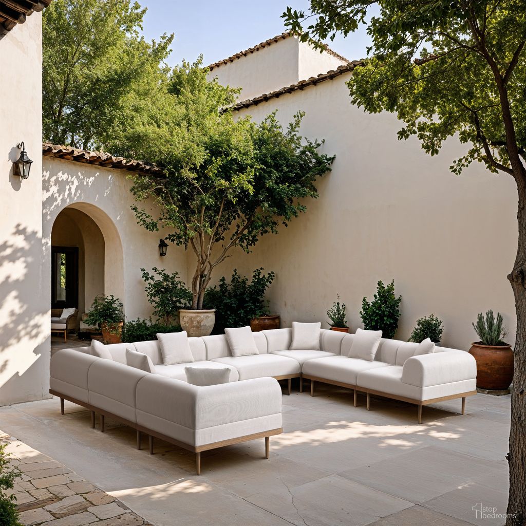 Laguna 142 Inch Fabric Upholstered 8 Piece Outdoor Patio Modular Sectional In Cream and Natural