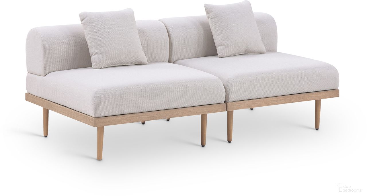 The appearance of Laguna 71 Inch Fabric Upholstered 2 Piece Outdoor Patio Modular Loveseat In Beige and Natural designed by Meridian in the modern / contemporary interior design. This beige/natural piece of furniture  was selected by 1StopBedrooms from Laguna Collection to add a touch of cosiness and style into your home. Sku: 55036Beige-Armless;55036Beige-Armless. Material: Olefin.