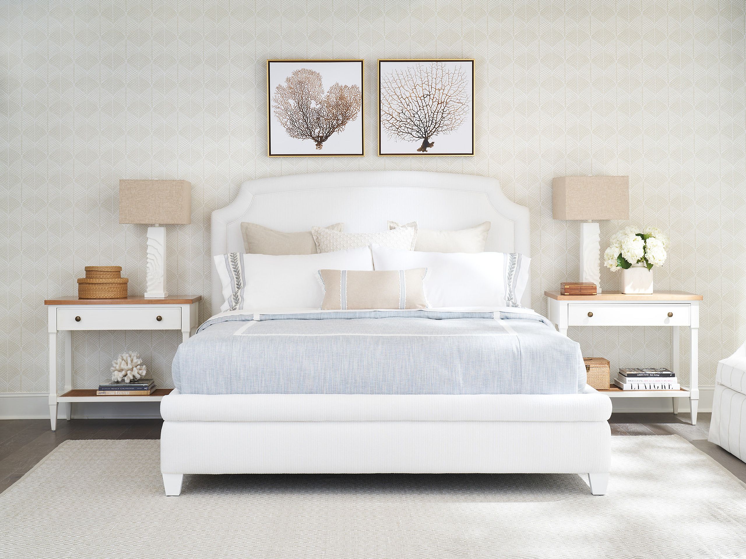 The appearance of Laguna Avalon Upholstered Bedroom Set designed by Barclay Butera in the transitional interior design. This tides piece of furniture  was selected by 1StopBedrooms from Laguna Collection to add a touch of cosiness and style into your home. Sku: 935-143C;935-623. Material: Fabric. Bed Size: Queen. Bed Type: Upholstered Bed.