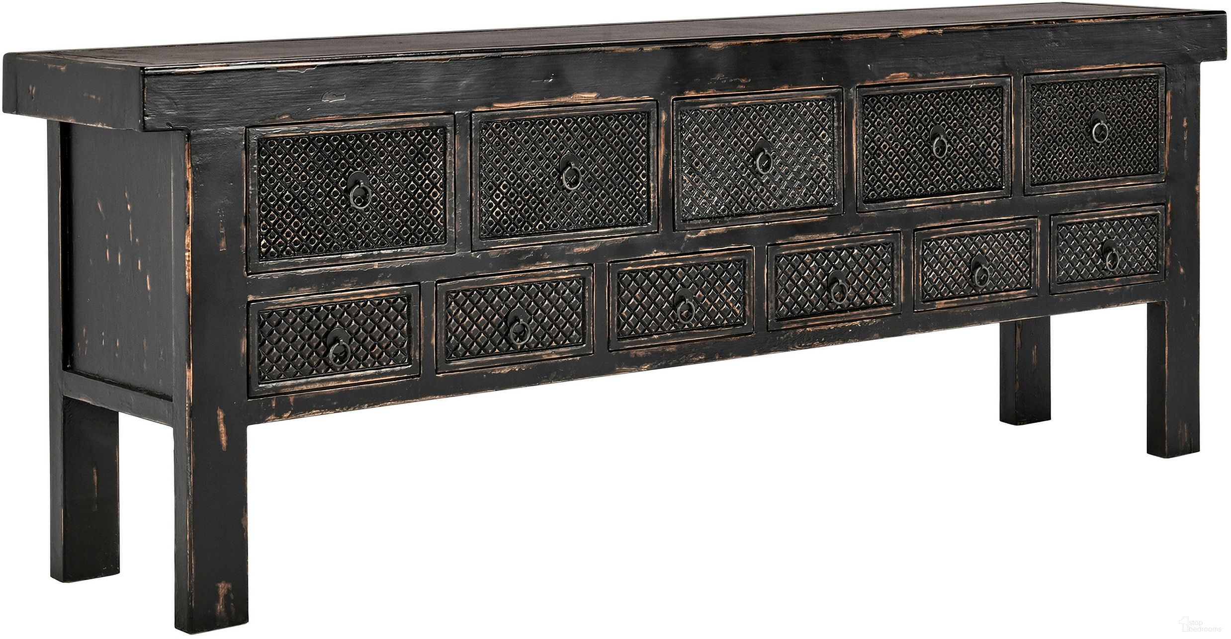 The appearance of Lahey 11 Drawer Console Table In Antique Black designed by Classic Home in the transitional interior design. This antique black piece of furniture was selected by 1StopBedrooms from Lahey Collection to add a touch of cosiness and style into your home. Sku: 52003763. Material: Reclaimed Pine.