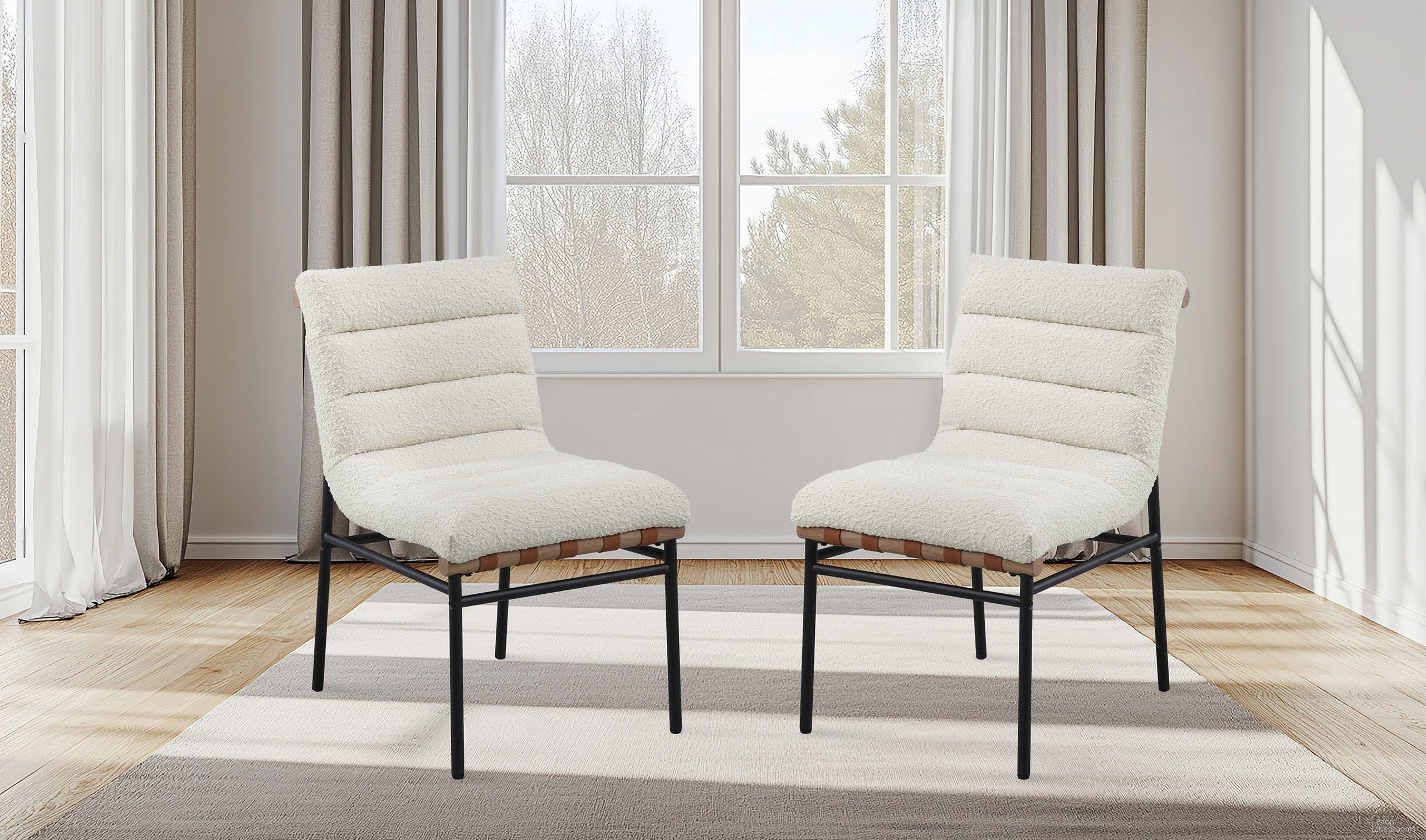 The appearance of Lahni Boucle Fabric Dining Chair with Black Iron Legs Set of 2 In White designed by Lilola Home in the modern / contemporary interior design. This white piece of furniture  was selected by 1StopBedrooms from Lahni Collection to add a touch of cosiness and style into your home. Sku: 30552. Material: Fabric. Chair Type: Side Chair.