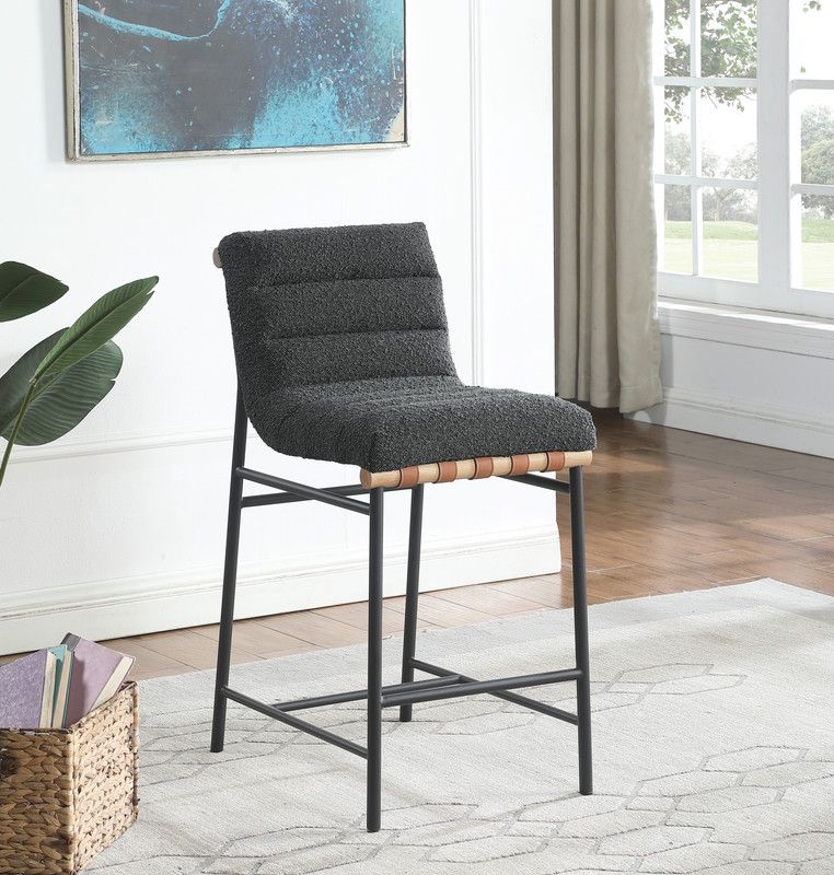 The appearance of Lahni 17.75 Inch Boucle Fabric Counter Height Chair In Dark Gray designed by Lilola Home in the modern / contemporary interior design. This dark gray piece of furniture  was selected by 1StopBedrooms from Lahni Collection to add a touch of cosiness and style into your home. Sku: 30530. Material: Fabric.