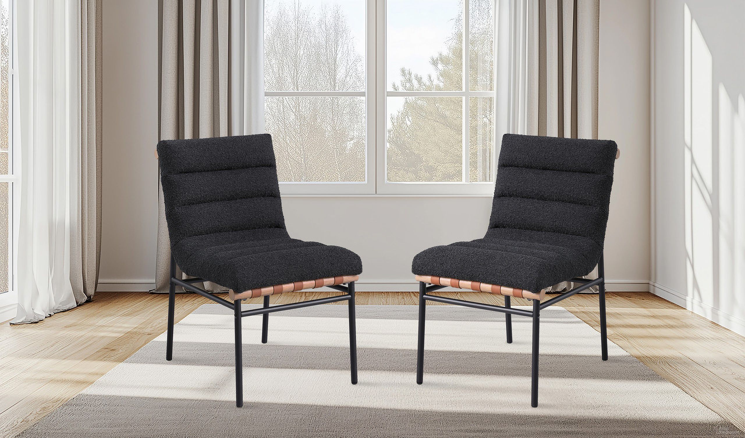 The appearance of Lahni Fabric Dining Chair with Black Iron Legs Set of 2 In Black Boucle designed by Lilola Home in the modern / contemporary interior design. This black piece of furniture was selected by 1StopBedrooms from Lahni Collection to add a touch of cosiness and style into your home. Sku: 30550. Material: Fabric. Chair Type: Side Chair.