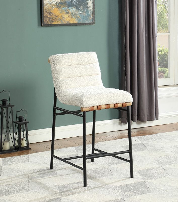 The appearance of Lahni 17.75 Inch Boucle Fabric Counter Height Chair In White designed by Lilola Home in the modern / contemporary interior design. This white piece of furniture  was selected by 1StopBedrooms from Lahni Collection to add a touch of cosiness and style into your home. Sku: 30532. Material: Fabric.